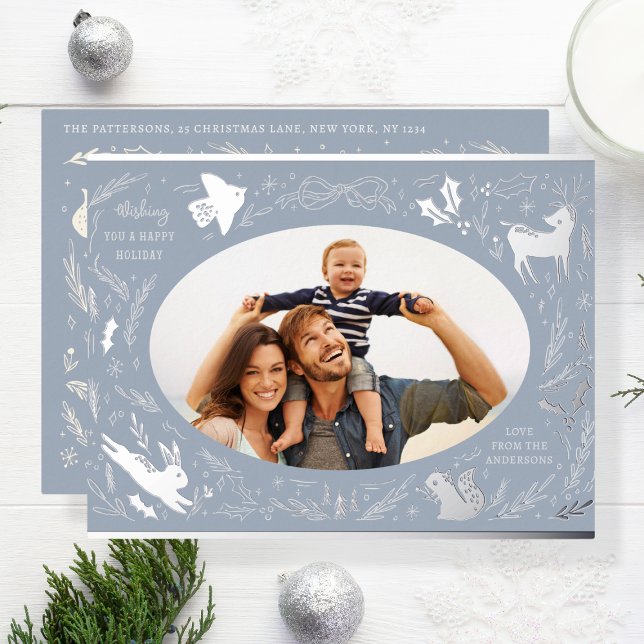 Happy Holidays Christmas Photo Woodland Doodle Foil Holiday Postcard (Creator Uploaded)