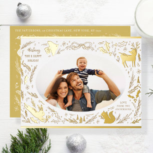 Happy Holidays Christmas Photo Woodland Doodle Foil Holiday Postcard