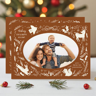 Happy Holidays Christmas Photo Woodland Doodle Holiday Card