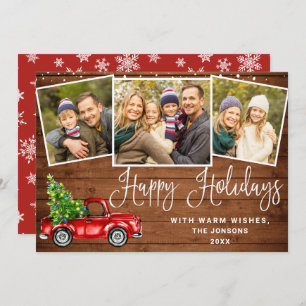 Happy Holidays Christmas Red Farm Truck 3 Photo Holiday Card
