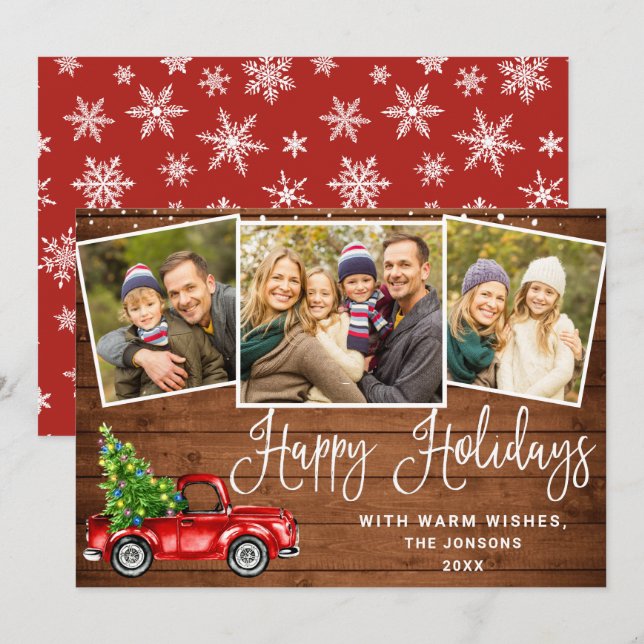 Happy Holidays Christmas Red Farm Truck 3 Photo Holiday Card (Front/Back)