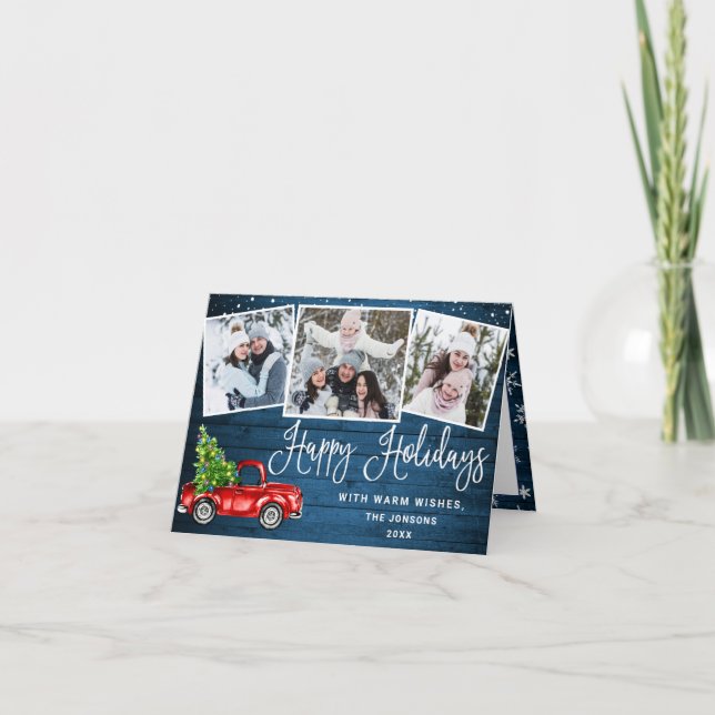 Happy Holidays Christmas Red Farm Truck 3 Photo Holiday Card (Front)