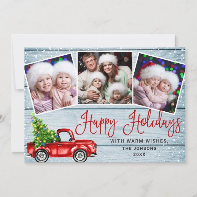 Happy Holidays Christmas Red Farm Truck 3 Photo  Holiday Card (Front)
