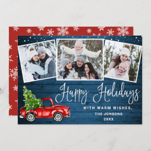 Happy Holidays Christmas Red Farm Truck 3 Photo Holiday Card