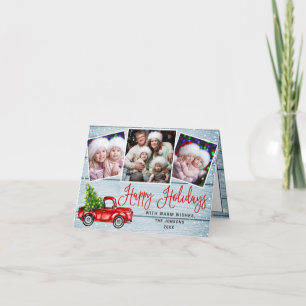 Happy Holidays Christmas Red Farm Truck 3 Photo Holiday Card