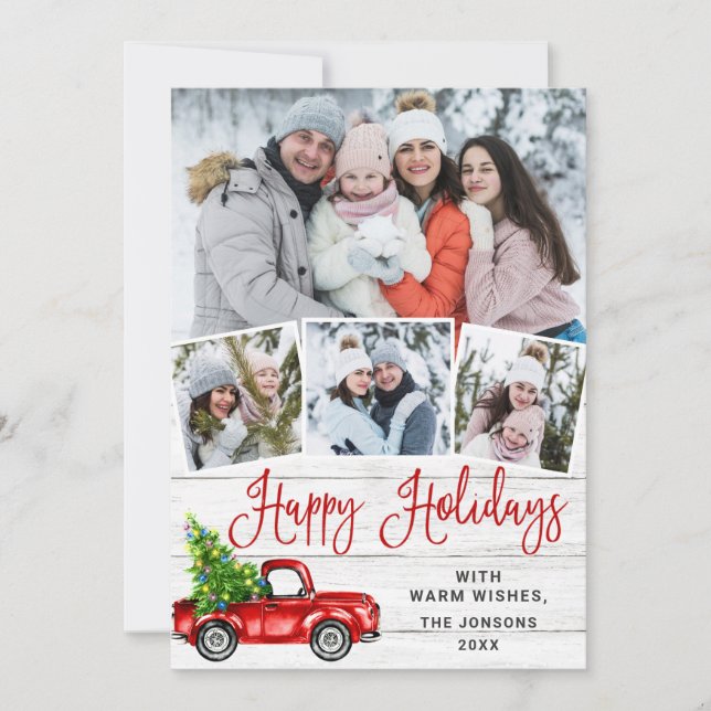 Happy Holidays Christmas Red Farm Truck 4 Photo Holiday Card (Front)