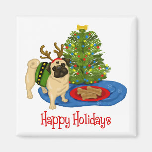 Happy Holidays Christmas Reindeer Pug Mugs Magnet