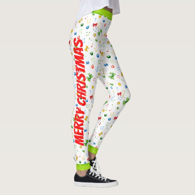 Happy Holidays Christmas Ribbons and Music Notes Leggings (Right)