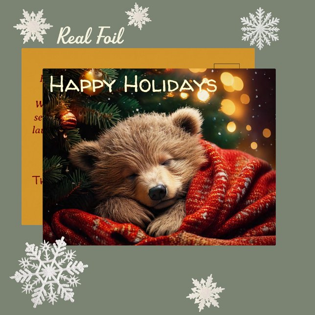 Happy Holidays Christmas Slumbering Bear Postcard (Sleeping Bear Cub Real Foil Christmas Holiday Postcard. Happy Mail Snail Mail Pen Pal greeting card)