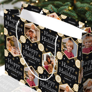 Happy Holidays Christmas Snowflake Photo Black Large Gift Bag