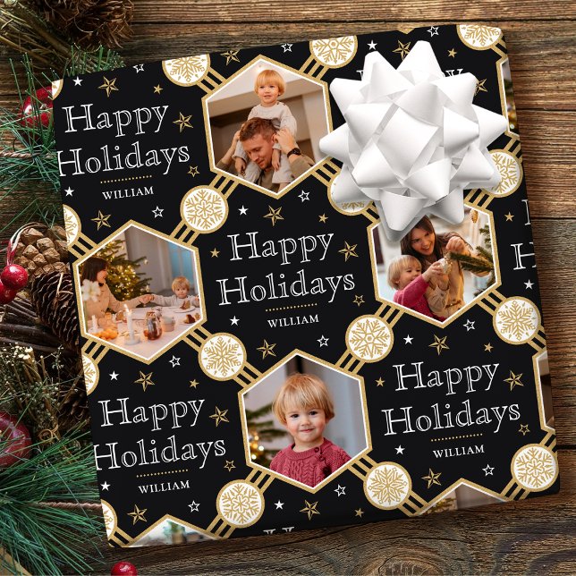 Happy Holidays Christmas Snowflake Photo Black Wrapping Paper (Creator Uploaded)