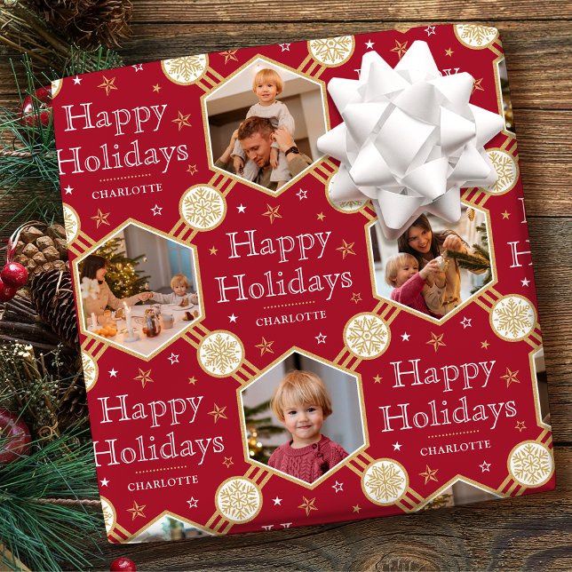 Happy Holidays Christmas Snowflake Photo Deep Red Wrapping Paper (Creator Uploaded)