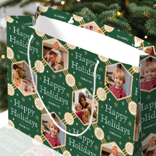 Happy Holidays Christmas Snowflake Photo Green Large Gift Bag