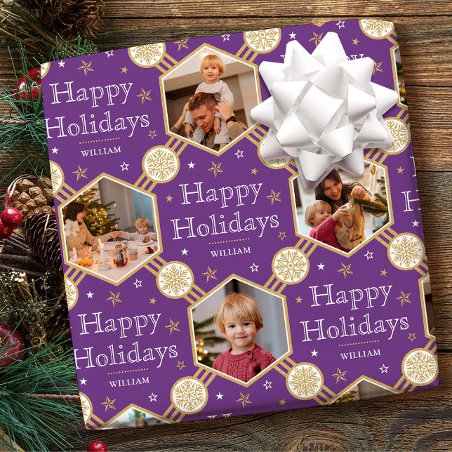 Happy Holidays Christmas Snowflake Photo Purple Wrapping Paper (Creator Uploaded)