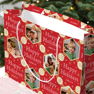 Happy Holidays Christmas Snowflake Photo Red Large Gift Bag