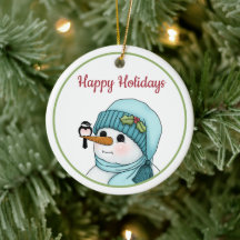 Happy Holidays Christmas Snowman with Chickadee