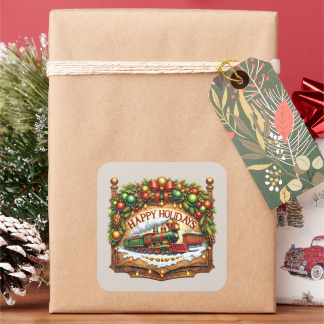 Happy Holidays Christmas train  Square Sticker (Holiday)