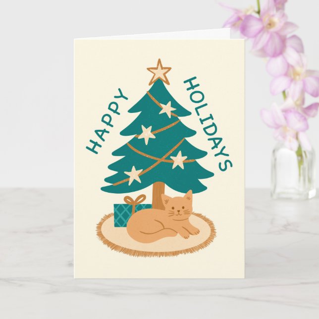 Happy Holidays Christmas Tree Holiday Cat Card (Orchid)