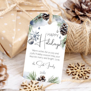 Happy holidays Christmas watercolor snowy pines Gift Tags
