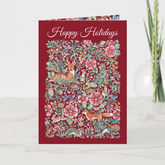 Happy Holidays Christmas Woodland Animals Burgundy Holiday Card (Front)
