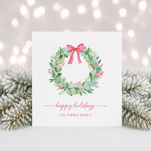 Happy Holidays   Christmas Wreath and Red Bow Holiday Card