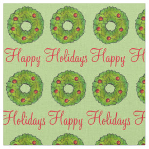 Happy Holidays Christmas Xmas Green Wreath Cookie Fabric