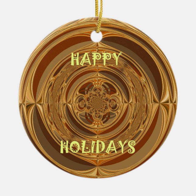 Happy Holidays Circle Art Print/Design Ceramic Tree Decoration (Front)