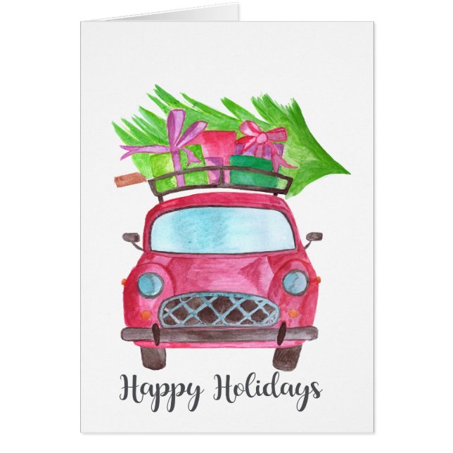 Happy Holidays Classic Car Watercolor (Front)