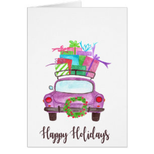 Happy Holidays Classic Car Watercolor