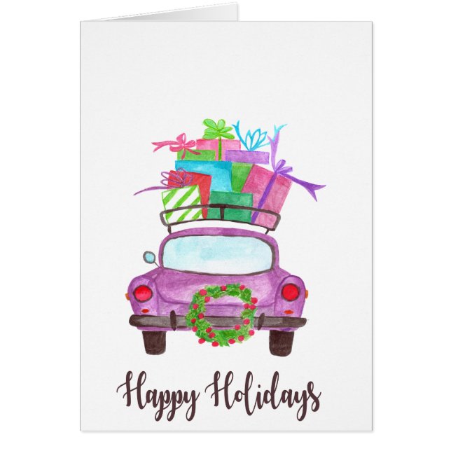 Happy Holidays Classic Car Watercolor (Front)