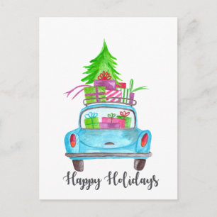 Happy Holidays Classic Car Watercolor Postcard