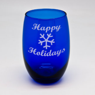 Happy Holidays Cobalt Blue Stemless Wine Glass