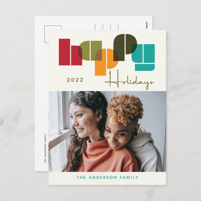 Happy Holidays Colourful Bold Typography Photo Holiday Postcard (Front/Back)