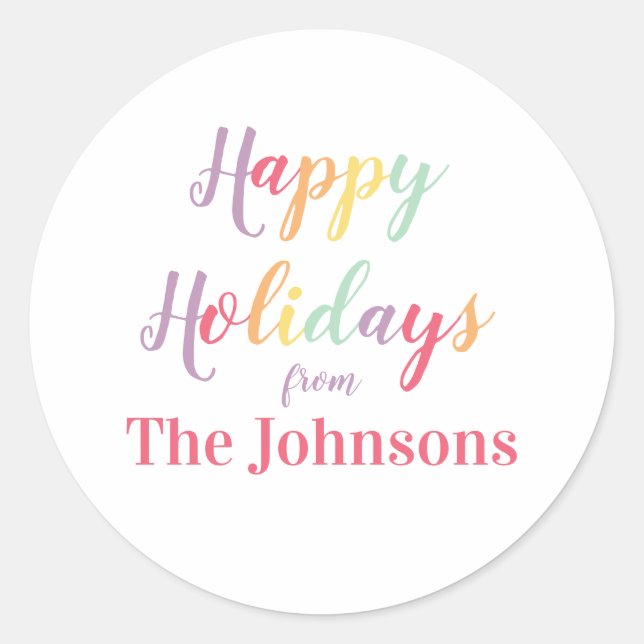 Happy Holidays Colourful Family Name Classic Round Sticker (Front)