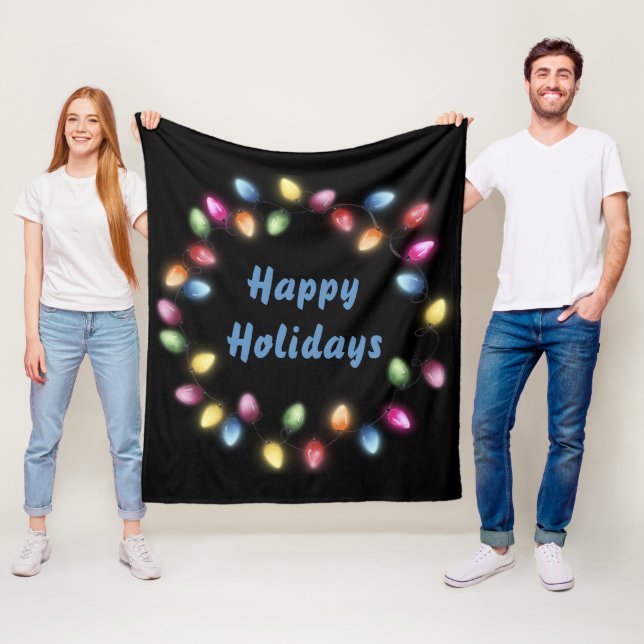 Happy Holidays Colourful & Festive Christmas Light Fleece Blanket (In Situ)