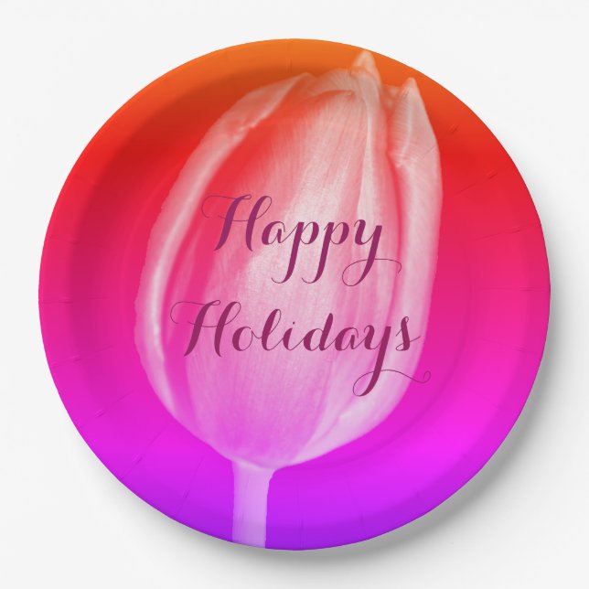 Happy Holidays Colourful Flower Artistic Tulips Paper Plate (Front)