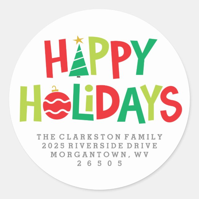 Happy holidays colourful illustrated address classic round sticker (Front)
