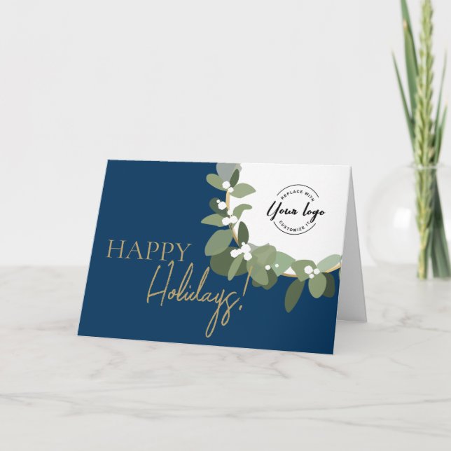 Happy Holidays Company Logo Gold Blue Custom Holiday Card (Front)
