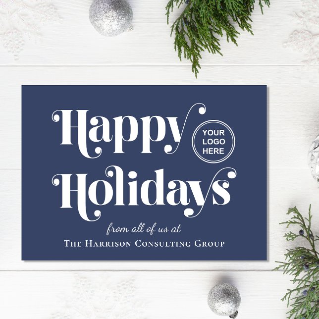 Happy Holidays Corporate Logo Blue Holliday Card (Our user-friendly template makes it a breeze to upload your logo and personalize your card)