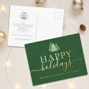 Happy Holidays Corporate Logo Christmas Trees Gold Foil Holiday Postcard