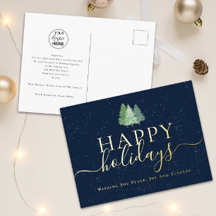 Happy Holidays Corporate Logo Christmas Trees Gold Foil Holiday Postcard