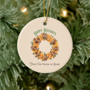 Happy Holidays Cottagecore Orange Spice Wreath Ceramic Tree Decoration