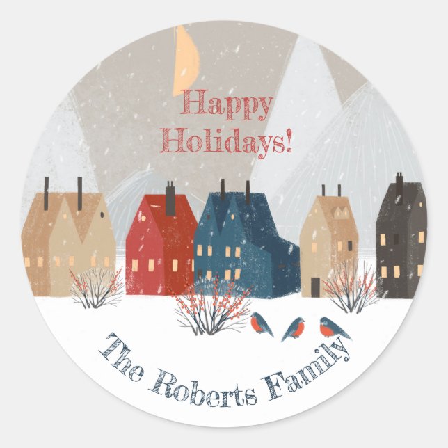 Happy Holidays Country Village Winter Scene   Classic Round Sticker (Front)
