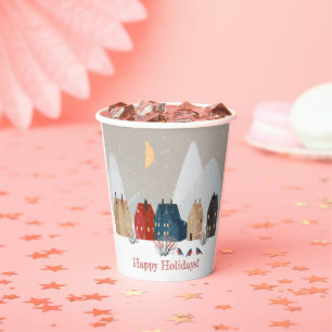 Happy Holidays Country Village Winter Scene   Paper Cups