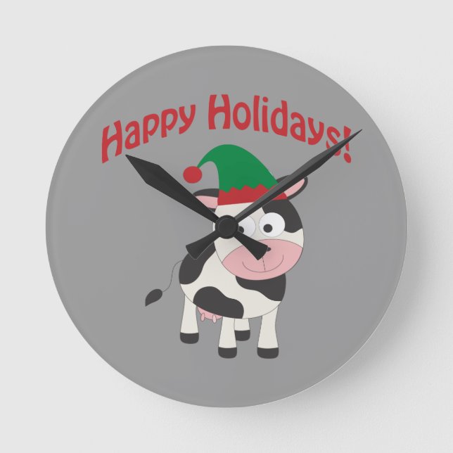 Happy Holidays! Cow Elf Round Clock (Front)