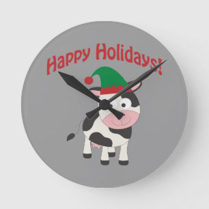 Happy Holidays! Cow Elf Round Clock