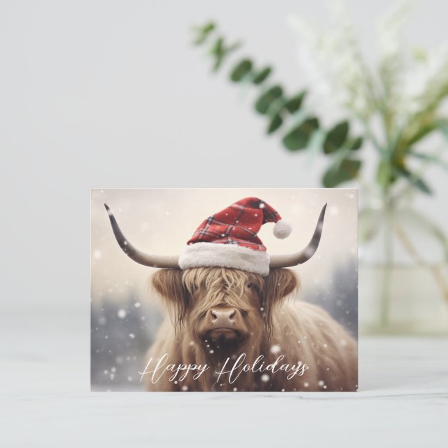 Happy Holidays Cow in a Santa Hat Budget Holiday Postcard (Standing Front)
