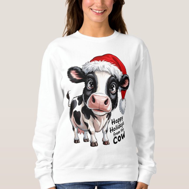 Happy Holidays Cow Santa Hat Sweatshirt (Front)