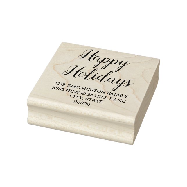Happy Holidays Cursive Script Family Name Address Rubber Stamp (Stamp)