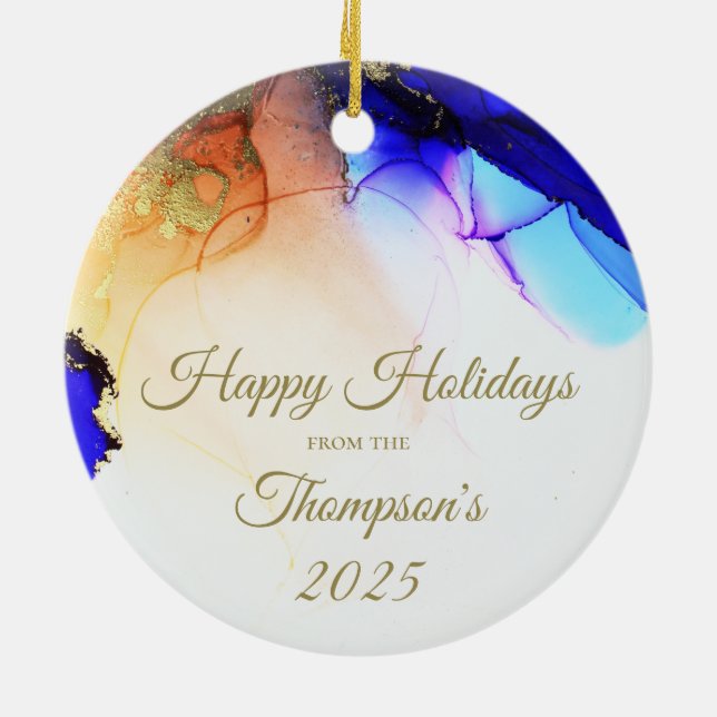 Happy Holidays Custom Blue Gold Ceramic Tree Decoration (Back)